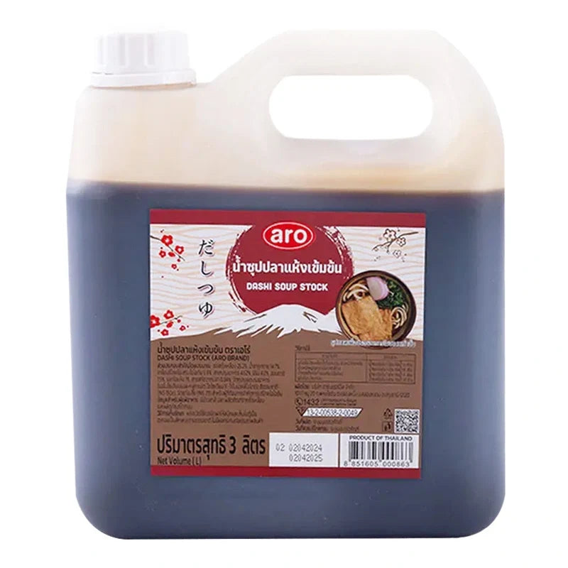 Aro Dashi Soup Stock 3L bottle, dry grocery product, with label showing Japanese dashi flavor and brand logo.