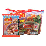 MAMA Mama Instant Noodles Moo Nam Tok flavor 55g pack, six dry grocery noodle servings in a clear plastic package.