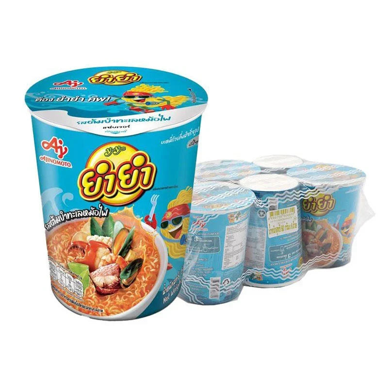 YUMYUM Cup Instant Noodles Tom Yum Seafood flavor, 60g, dry grocery product with the noodle cup and seafood ingredients visible