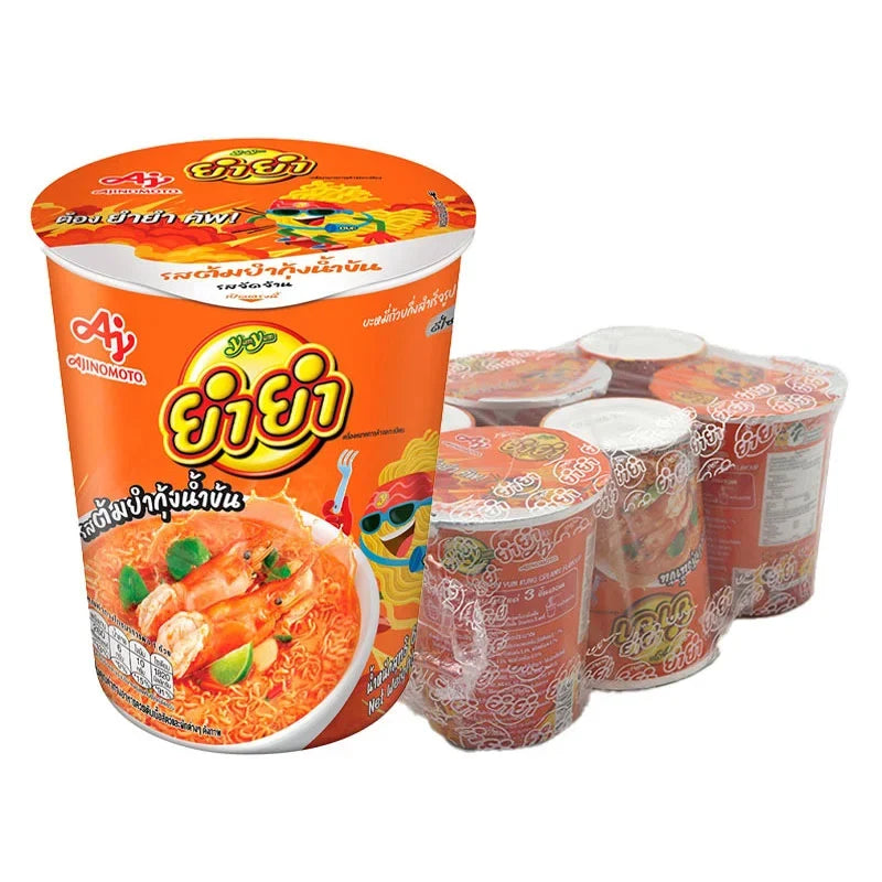 YUMYUM Cup Instant Noodles Tom Yum Kung creamy flavor, 60g x6 pack, dry grocery product with noodles and seasoning sachets.