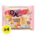 Mama Oriental Kitchen Instant Noodles Carbonara Bacon 85g package showing dry noodles with bacon bits and flavor seasoning.