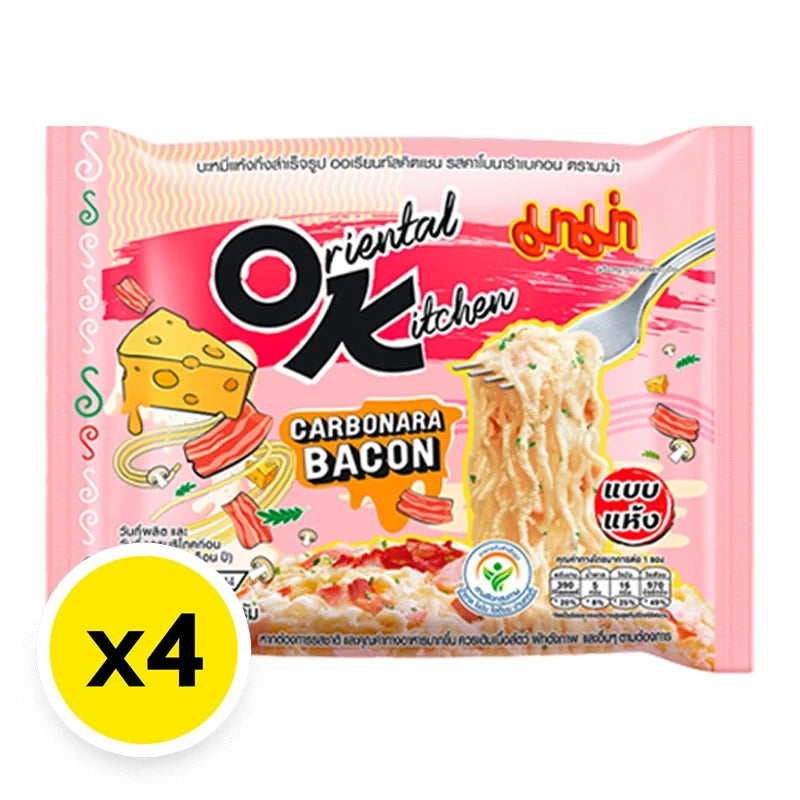 Mama Oriental Kitchen Instant Noodles Carbonara Bacon 85g package showing dry noodles with bacon bits and flavor seasoning.