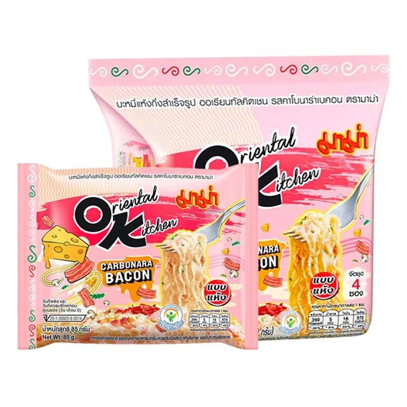Mama Oriental Kitchen Instant Noodles Carbonara Bacon 85g package with noodles and bacon pieces, ready to prepare.