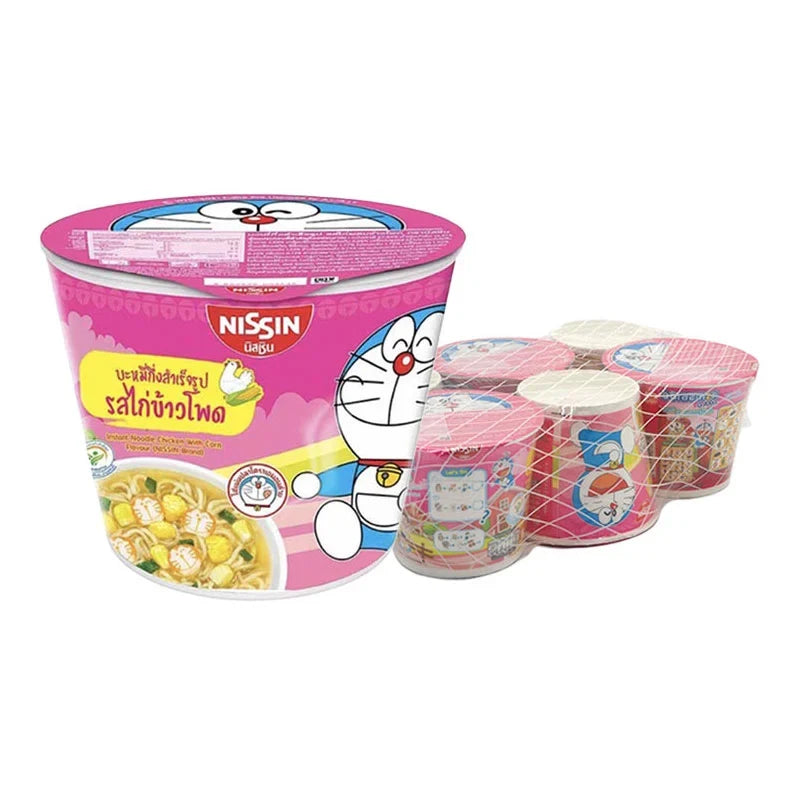 Nissin Doraemon Corn Chicken 40g snack packs, six-pack of dry grocery noodle snacks with Doraemon character packaging