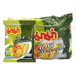 Mama Instant Noodles Chicken Green Curry flavor 55g pack, dry grocery product with six packets, featuring noodles and seasoning.