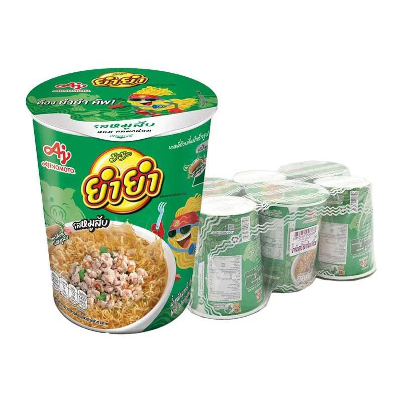 Yumyum Cup Instant Noodles with Minced Pork, 60g, featuring dry noodles in a cup, branded YUMYUM, ready to enjoy
