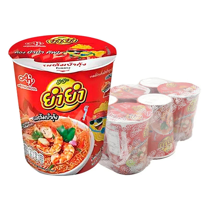 Yumyum Cup Instant Noodle Tom Yum Kung flavor, 60g, dry grocery, featuring the spicy Thai seafood soup in a convenient cup.