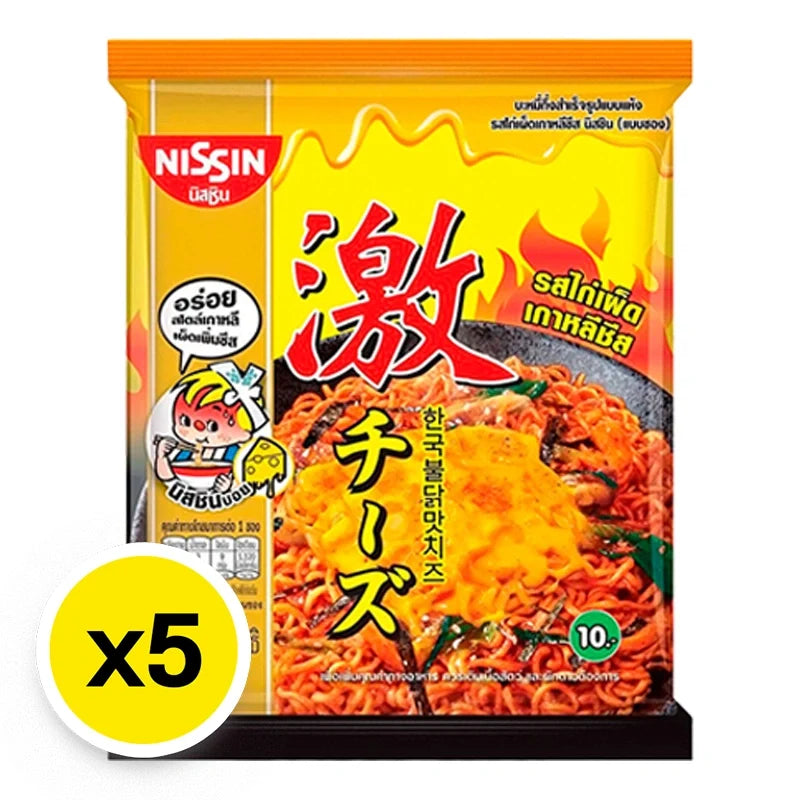 Nissin Korean Hot Chicken Cheese Flavor Instant Noodles 60g package, dry grocery product with five packs and colorful packaging.
