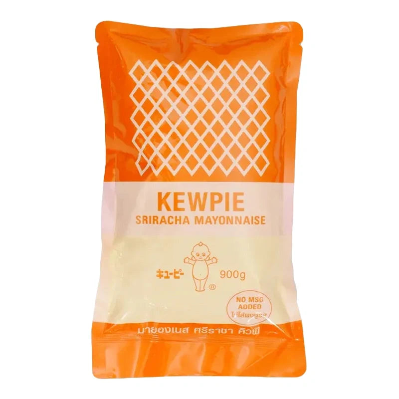 Kewpie Sriracha Mayonnaise 900g jar, creamy spicy condiment from KEWPIE for sandwiches, dips, and burgers in dry grocery aisle.