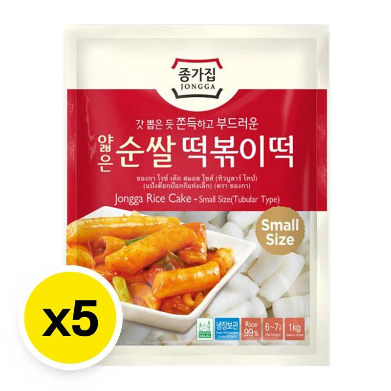 Jongga small rice cakes, 1kg x5, dry grocery product, packaged in clear plastic bags with JONGGA branding, ready for cooking or snacking.