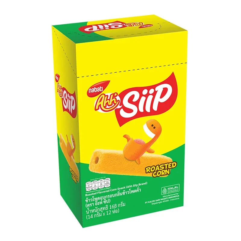 AHH Siip Roast Corn snack 14g pack, dry grocery snack featuring roasted corn flavor in a colorful package.