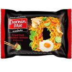 Domin Mie Fried Instant Noodles Hot Chicken Lemon flavor in a prepared bowl with noodles, chicken, lemon slices, and garnishes.