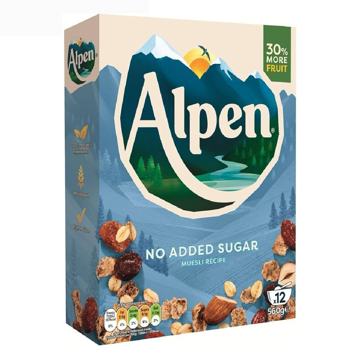 Bowl of Alpen No Added Sugar Muesli with oats, nuts, and dried fruits on a white background.