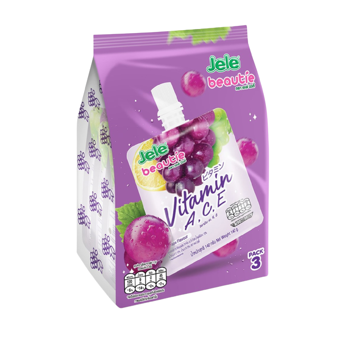 Jele Beautie Vitamins Ace confectionery snacks in colorful packaging, showing the snack bars with vibrant fruit and vitamin illustrations.