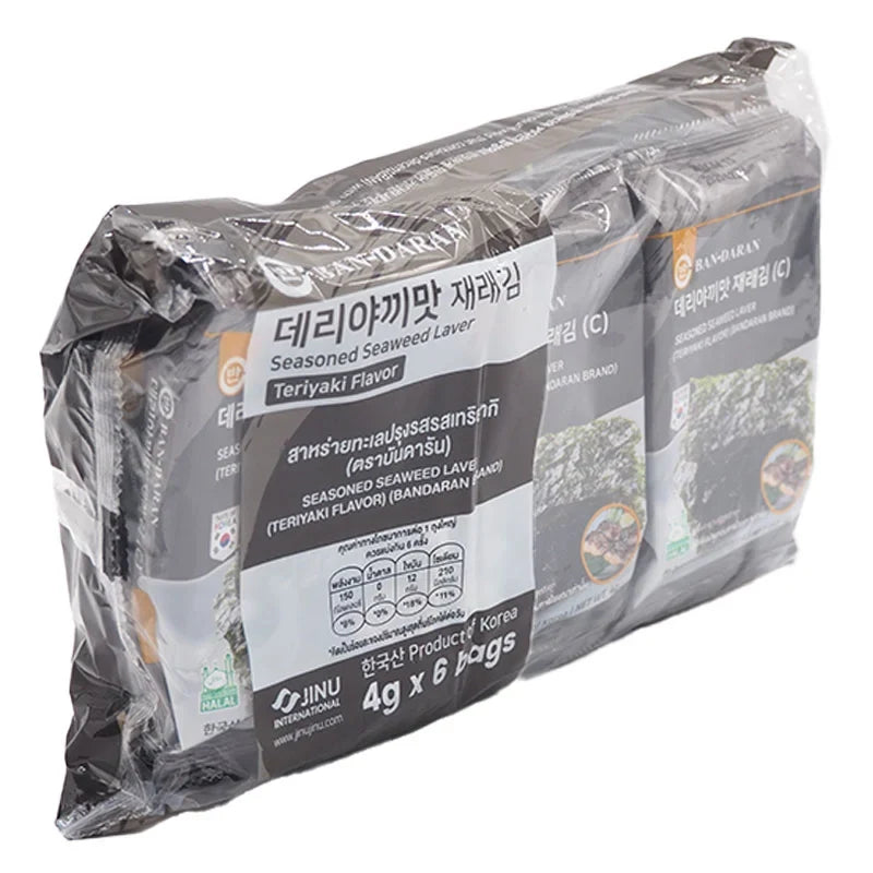 BANDARAN seasoned seaweed with teriyaki flavor, dry grocery snack in 4g pack, crispy and savory seaweed sheets.