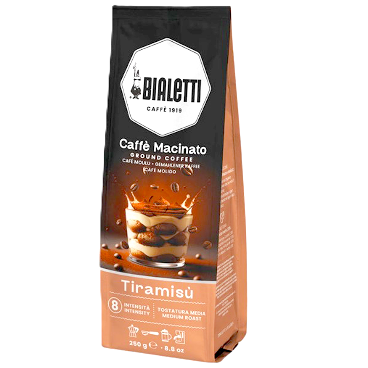 Bialetti Ground Coffee Tiramisu for drinks, showcasing a bag of Bialetti coffee with Tiramisu flavor for brewing.