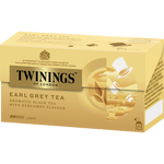 A cup of Twinings Earl Grey Tea in a white mug, with a teabag steeping and a lemon slice on the side.