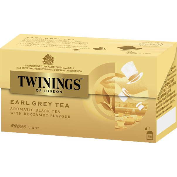 A cup of Twinings Earl Grey Tea in a white mug, with a teabag steeping and a lemon slice on the side.