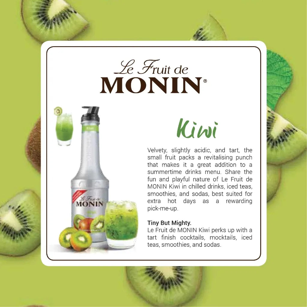 Monin Kiwi Fruit Mix 1000ml bottle, ideal for beverages and cocktails, featuring fresh kiwi flavor in a dry grocery packaging.