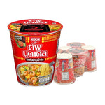 Nissin Cup Tomyum Kung instant noodle cup, 77g, packed in a set of six, with spicy Tomyum flavor and seafood ingredients.