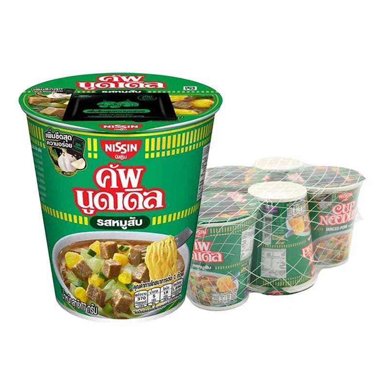 NISSIN Cup Instant Noodles with minced pork flavor, 77g, showing dry noodle cups in packaging for instant noodle snack.