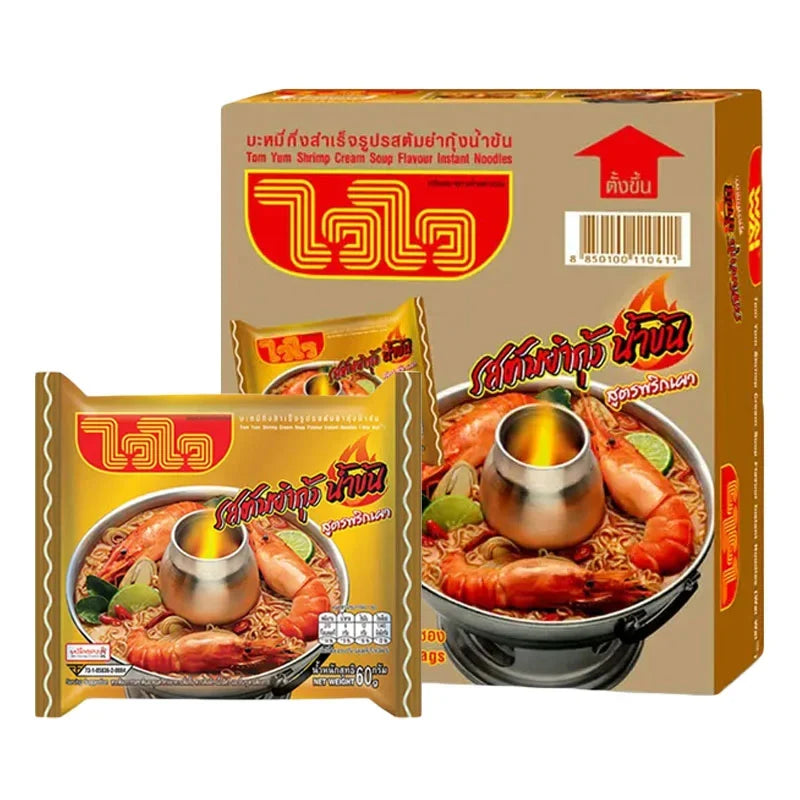 WAIWAI Tom Yum Shrimp Cream Instant Noodle pack, 60g x30, dry grocery, showing the noodle package with shrimp and soup flavor.