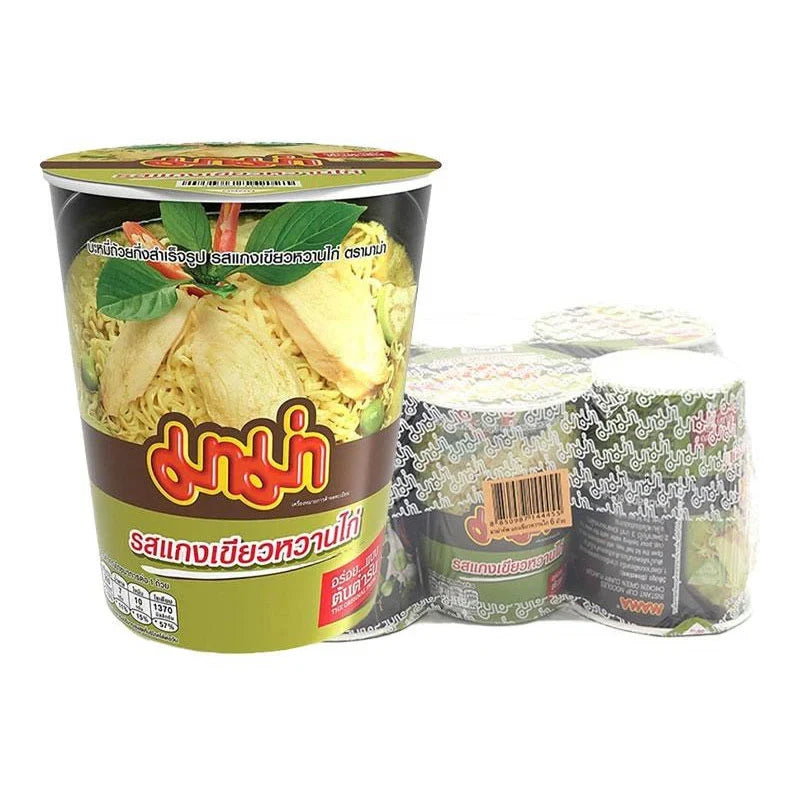 Mama Cup Chicken Green Curry dry grocery pack with six 60g cups, featuring green curry flavor in a colorful package.