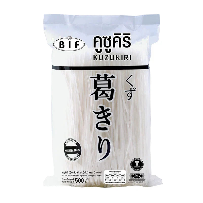 BIF Kuzukiri vermicelli in a 500g package, dry grocery product with thin, translucent Japanese-style noodle strands.