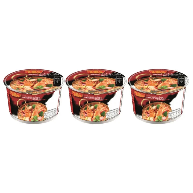 WAIWAI Tom Yum Shrimp Cream Instant Noodle pack, 70g x3, dry grocery with vibrant soup flavor and shrimp ingredients.