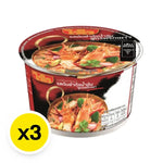 WAIWAI Instant Noodle Tom Yum Shrimp Cream Soup 70g pack, dry grocery product with three packets, featuring Thai-style spicy seafood flavor.