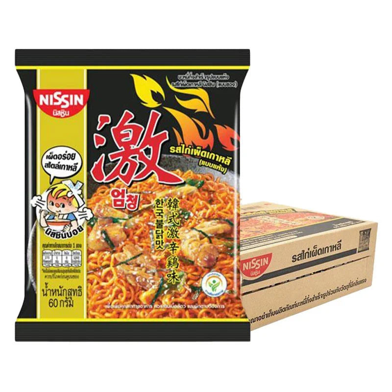 Nissin Premium Bag Korean Hot Chili Chicken dry grocery snack, 60g pack, featuring spicy chicken flavor in vibrant packaging