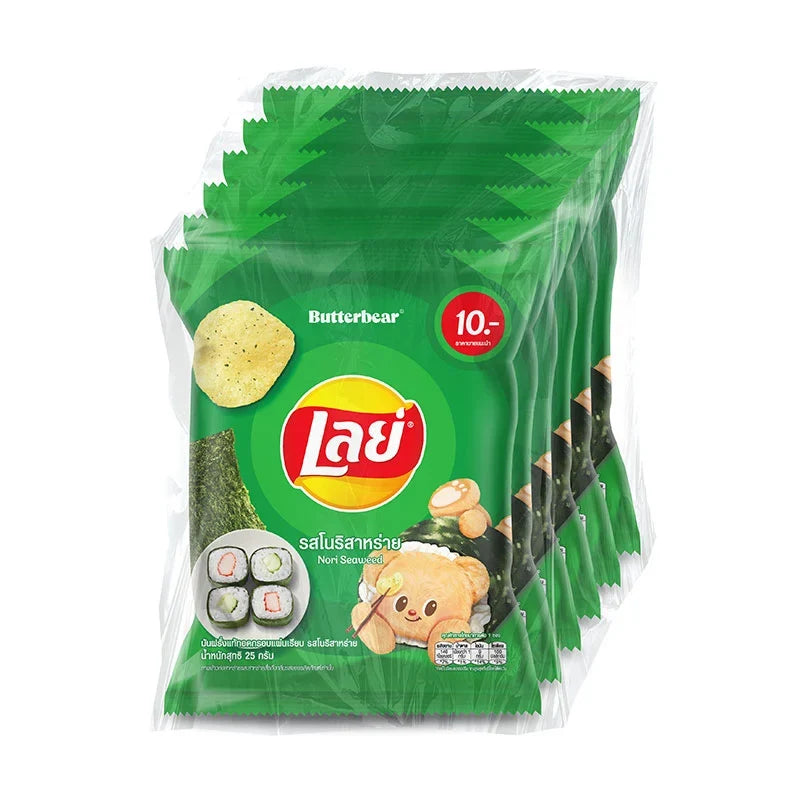 Lay's Classic Potato Chips with Nori Seaweed flavor in a 25g bag, shown in a multi-pack of six on a plain background.
