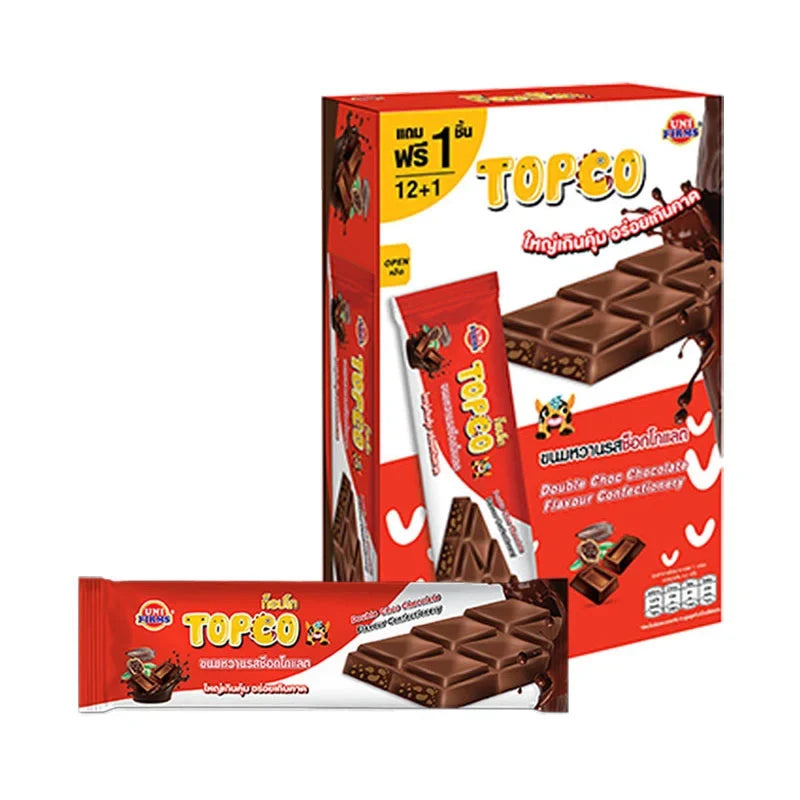 Topco Double Chocolate snack bar in 15g dry grocery packaging with chocolate imagery.