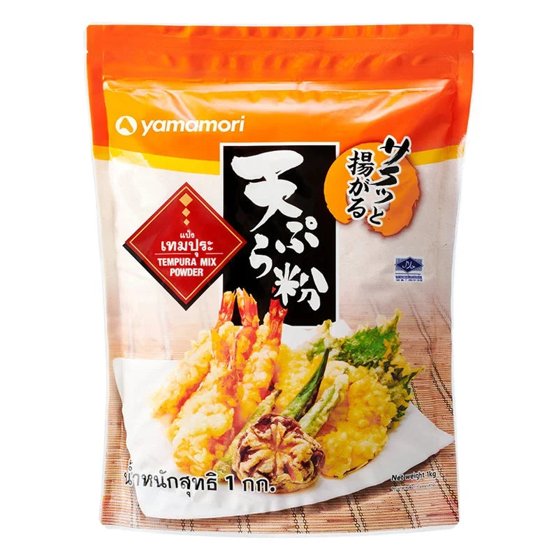 Yamamori Tempura Flour 1kg bag of dry grocery product, white powder used for making crispy tempura batter