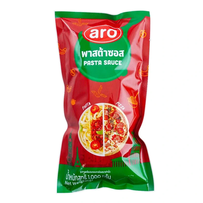 Aro Pasta Sauce 1kg jar, dry grocery item, with a label showing tomato and herb ingredients, ready for cooking.