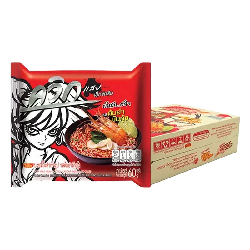 Quick Instant Noodle Tom Yum Mun Kung 60g pack, dry Thai noodle soup with shrimp flavor, in a colorful package.