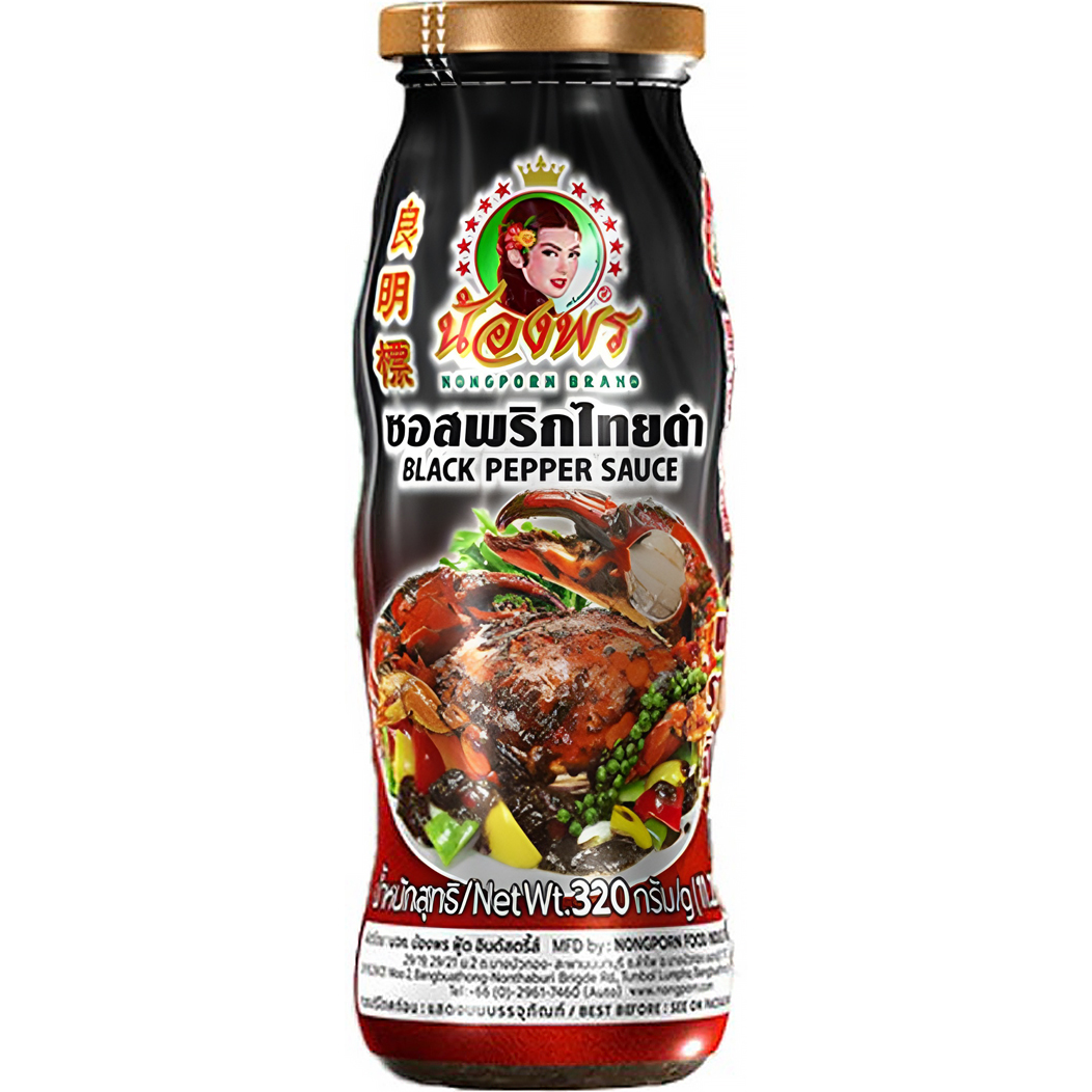 Nong Porn Black Pepper Sauce in a bottle, ready for cooking, with a rich dark color and label visible in the image.
