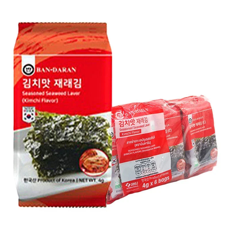 BANDARAN seasoned seaweed kimchi flavor dry snack in 4g packaging, featuring crispy seaweed strips with kimchi seasoning.