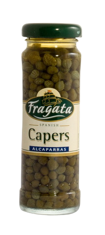 Jar of Fragata Capers in a grocery setting, showcasing small green caper berries in a clear glass container.
