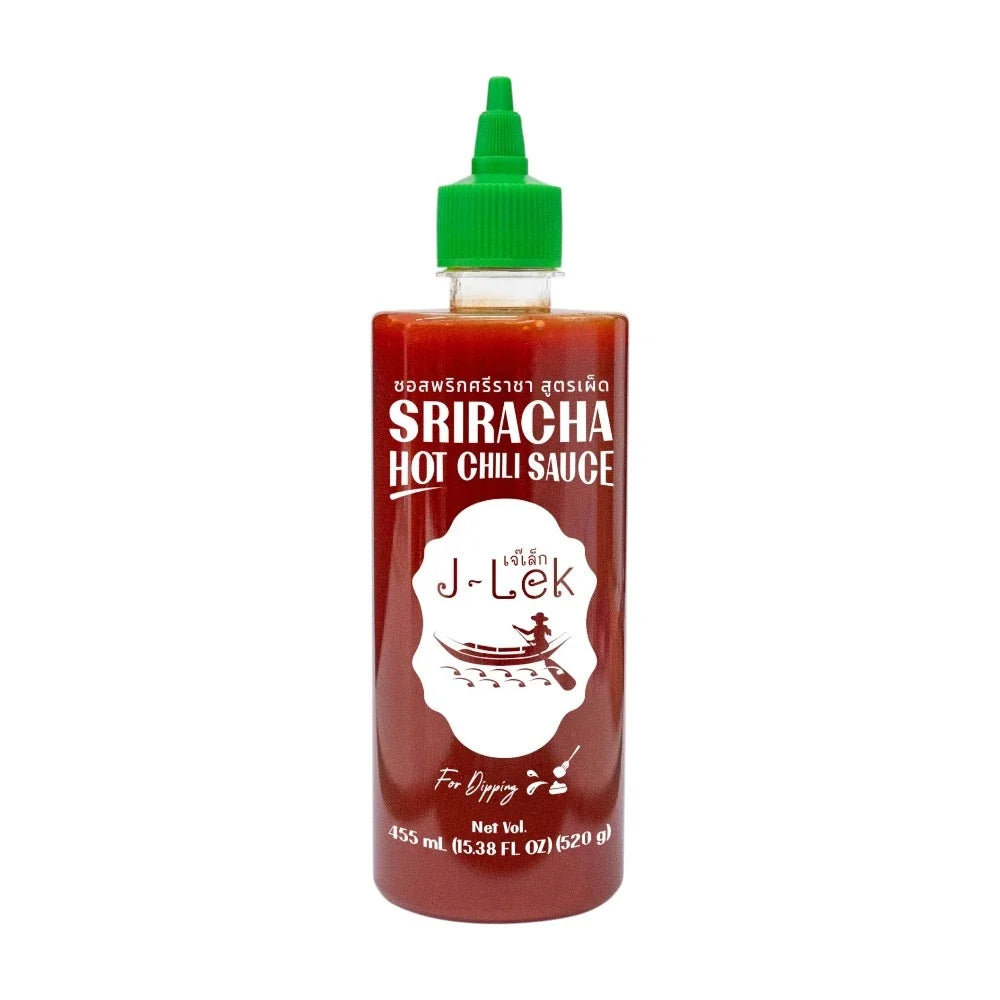J-LEK Sriracha Chili Sauce spicy formula bottle, 455ml, with red chili peppers and sauce visible in clear packaging.