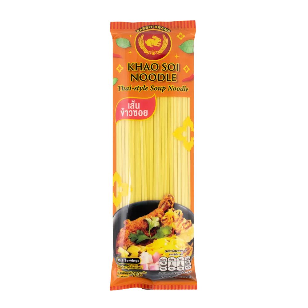 Rabbit Brand Khao Soi noodles in dry grocery packaging with colorful labeling and branding.