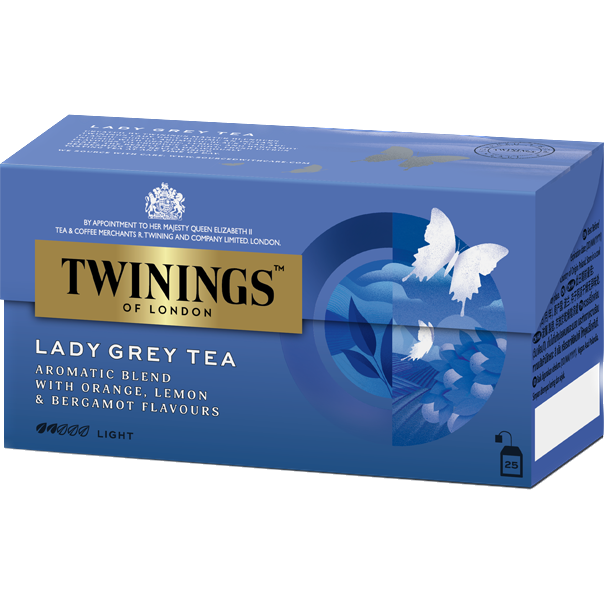 Twinings Lady Grey tea drink in a clear glass, showcasing the light amber color of the brewed tea.