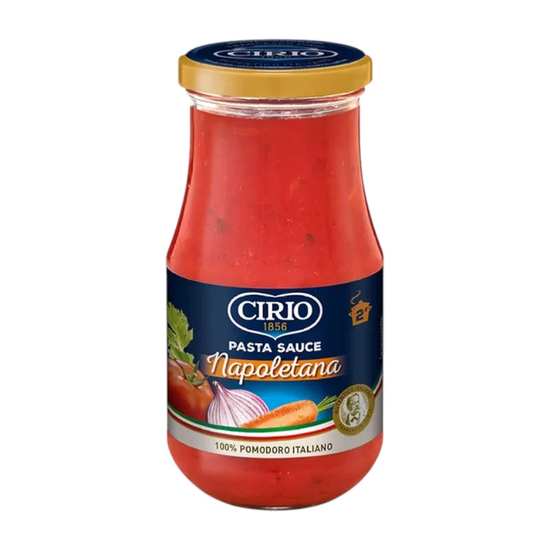 CIRIO Pasta Sauce jar in dry grocery aisle, showcasing the label and product packaging for authentic Italian flavor.