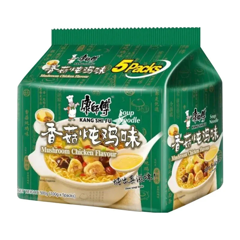 Kang Shi Fu Mushroom Chicken dry grocery pack, 5 x 100g, featuring dried mushroom and chicken flavor in sealed packaging.