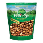 Heritage Hazelnuts 500g in a clear transparent bag, showing shiny, whole hazelnuts ready for snacking or baking.