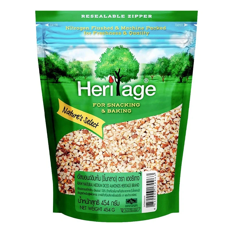 Heritage Almond Dice 454g dry grocery package with sliced almonds in a clear bag, showing the almond pieces inside.