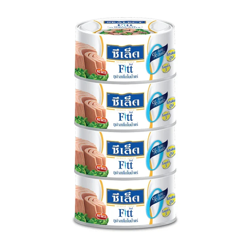 Sealect Fitt Tuna Steak in Spring Water 165g x4 cans, showing the unopened cans with the label and product branding.