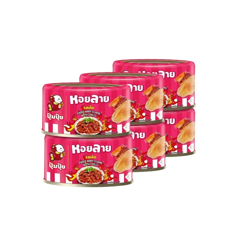 Pumpui Babyclam Chilli70gx6 dry grocery pack featuring six 70g chili sauce bottles from the PUMPUI brand.