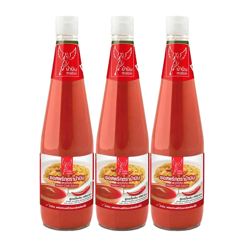 MABIN Chili Sauce 640g bottle, displayed in a row of three, with vibrant red chili peppers and label visible.