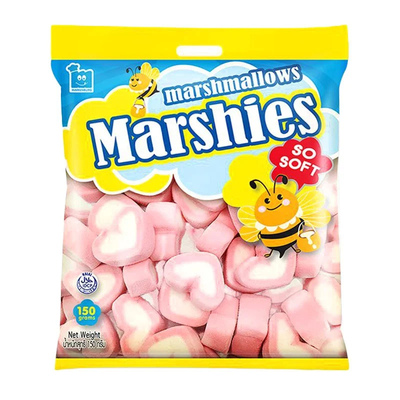 Marshies Strawberry Marshmallows in 150g package, soft pink marshmallows from MARSHIES for snacks and confectionery.